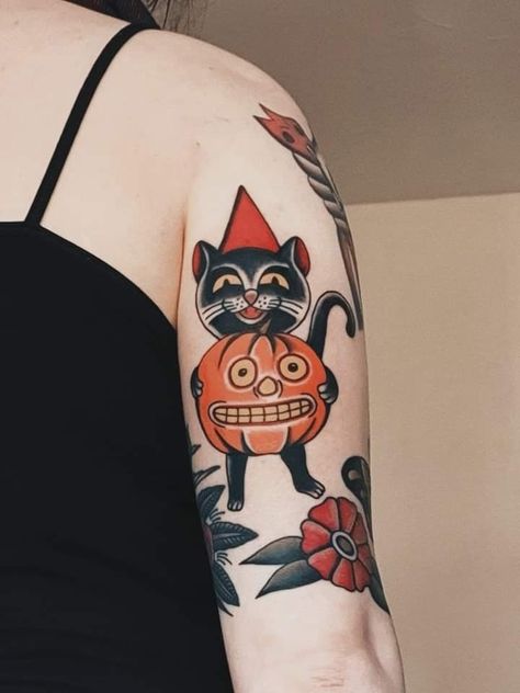 Over The Garden Wall Tattoo, Tattoo Over Scar, Traditional Tattoo Inspiration, Pumpkin Tattoo, Occult Tattoo, Spooky Tattoos, Wall Tattoo, Over The Garden Wall, Halloween Tattoos