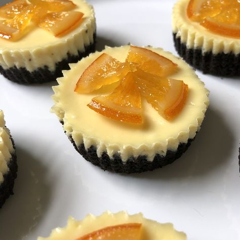 Candied citrus intensifies the flavor in each creamy, chocolate and orange bite of these mini cheesecakes. Mini Chocolate Orange Cheesecakes, Around The Family Table, Baking Cheesecake, Mini Tart Recipes, Candied Citrus, Orange Cheesecake, Mini Baking, Chocolate And Orange, Sour Orange