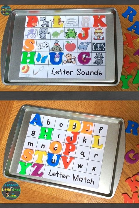 Letter Sounds And Recognition Activities, Letter Recognition And Sounds Activities, Practicing Letter Sounds Activities, Letter Intervention Preschool, Cookie Sheet Letter Activities, Kindergarten Letter Sound Games, Practicing Letter Sounds, Letter Naming Activities, Letter Sounds Activities Preschool