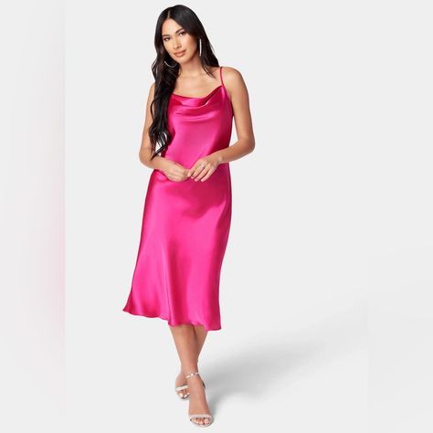 Sexy Hot Pink Slip Dress. Features A Sensual Cowl Neckline. Midi Length Satin Silk Look. Small. Never Worn. Formal Silk Dress, White Dress Accessories, Pink Slip Dress, Slip Midi Dress, Elegant Cocktail Dress, Bandage Dress Bodycon, Midi Slip Dress, Cowl Neckline, Satin Midi Dress