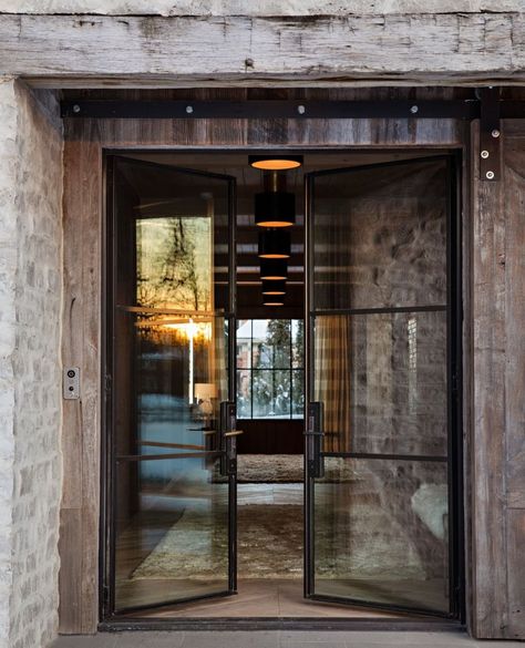 Industrial Front Doors, Exterior Double Front Doors, Modern Mountain Home Exterior, Architectural Windows, Eric Olsen, Mountain Home Exterior, Steel Entry Doors, Front Door Entryway, Rustic Window