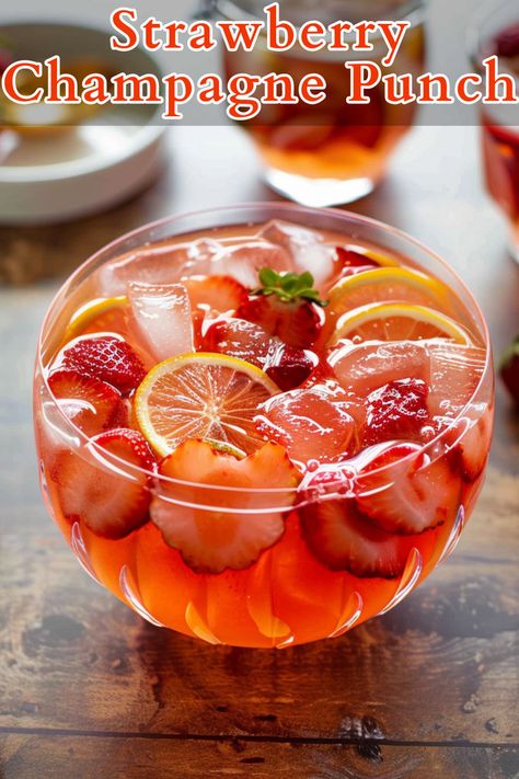 Strawberry Champagne Punch, a delightful concoction that marries the elegance of sparkling champagne with the vibrant sweetness of ripe strawberries. Strawberry Champagne Punch, Easy Punch Recipe, Champagne Punch Recipes, Spritz Drink, Cocktails To Make At Home, Sparkling Wine Cocktails, Champagne Recipes Cocktails, Champagne Punch, Easy Punch Recipes