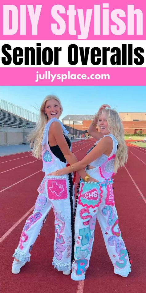 senior overalls Senior Coverall Ideas, Pink And White Senior Overalls, Game Day Overalls Outfit, Cute Senior Overalls Ideas, White Senior Overalls Ideas, Custom Overalls Diy, Overalls Decorated Ideas, Homecoming Overalls Diy, Hoco Overalls Freshman