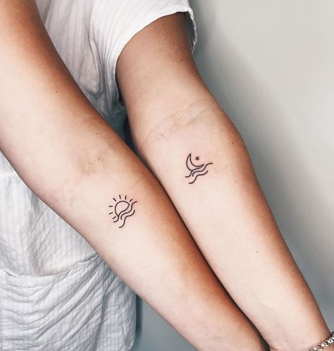 These matching tattoo ideas are great for couples, friends, and family members. From quotes to symbols, numbers, and more. Check them out here! Small Friendship Tattoos, Friend Tattoos Small, Couple Tattoos Unique Meaningful, Small Wave Tattoo, Cousin Tattoos, Matching Friend Tattoos, Tato Dengan Makna, Small Matching Tattoos, Matching Best Friend Tattoos