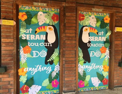 Tropical Forest Classroom Theme, Rainforest Door Decoration, Toucan Classroom Theme, Costa Rica Door Decorations, Rainforest Classroom Door, Hawaiian Door Decorations Classroom, Rainforest Classroom Decorations, Tropical Door Decorations Classroom, Tropical Classroom Door