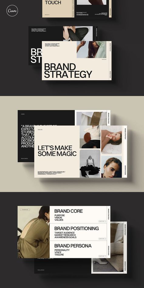 Canva Brand Strategy Framework Templates Research Framework Design, Brand Identity Presentation Layout, Branding Package Template, Brand Strategy Presentation Design, Best Canva Presentation Templates, Branding Project Presentation, Branding Presentation Template, Branding Identity Presentation, Brand Book Design Layout