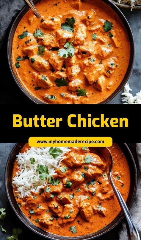 This Butter Chicken is a creamy and flavorful Indian dish that’s easy to make at home! Tender chicken simmered in a rich tomato sauce makes for a delicious meal served with rice or naan. Butter Chicken Half Baked Harvest, Best Seasoned Chicken, Indian Butter Chicken And Naan, Chicken Marsala Indian, Sweet Butter Chicken Recipe, Best Ever Butter Chicken, Homemade Butter Chicken Sauce, Butter Chicken Authentic, North Indian Chicken Recipes