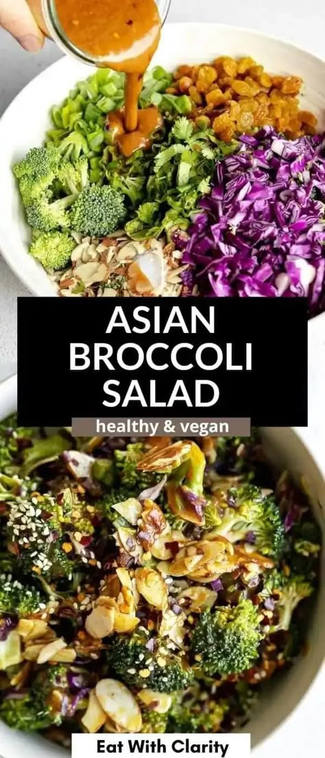 This healthy vegan broccoli salad is fresh, crispy and so easy to make. With an Asian inspired almond butter and orange ginger dressing, this broccoli salad is a healthy take on the classic. it's the perfect side dish for summer barbecues and is vegan, gluten free. Vegan Broccoli Salad, Asian Broccoli, Healthy Broccoli Salad, Fit Mitten Kitchen, Vegan Broccoli, Healthy Broccoli, Raw Broccoli, Broccoli Salad Recipe, Veggie Salad