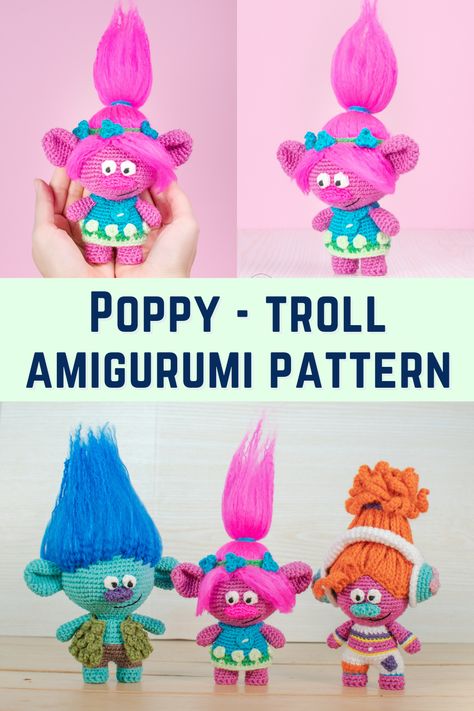 Poppy amigurumi pattern! A beautiful crochet version of this troll with a step-by-step photo tutorial to help you! Poppy crochet pattern! Find this and more amigurumi trolls on thenomadknot.com Trolls Crochet Pattern Free, Trolls Crochet Pattern, Crochet Trolls Free Pattern, Troll Crochet Pattern Free, Crochet Troll Doll Pattern Free, Princess Crochet Pattern, Poppy Crochet, Character Crochet, Poppy Trolls