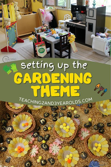 This week our toddler and preschool classroom is set up for the gardening theme. We will have lots of hands-on, playful learning activities that relate to nature and gardening, including a flower market! Free printable market signs! #preschool #toddler #flowers #flowermarket #dramaticplay #classroom #spring #play #teachers #printable #AGE2 #AGE3 #AGE4 #teaching2and3yearolds Garden Preschool Activities, Preschool Gardening, Cognitive Development Activities, Garden Preschool, Garden Theme Classroom, Garden Activity, Creative Curriculum Preschool, Daycare Themes, Preschool Garden