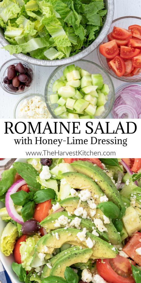 This Romaine Salad is a quick and easy mix of Romaine lettuce, tomatoes, avocado, red onion, kalamata olives, Feta cheese and fresh basil all tossed in a simple lime vinaigrette.  This is one of my favorite Romaine salad recipes because it's a perfect green salad that you can serve with any meal! Lettuce Salad Recipes, Lettuce Recipes, Honey Lime Dressing, Romaine Salad, Classic Salad, Green Salad Recipes, Avocado Salad Recipes, Fresh Salad Recipes, 140 Pounds