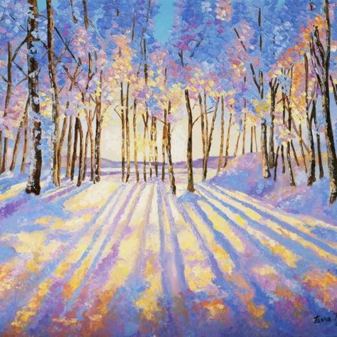 Winter Scenes Paintings, Oil Painting Winter, Snowy Landscape Art, Winter Impressionist Paintings, Snow On Trees Painting, Trees In Snow Painting, Snow Oil Paintings Winter Landscape, Painting Snow, Posca Art