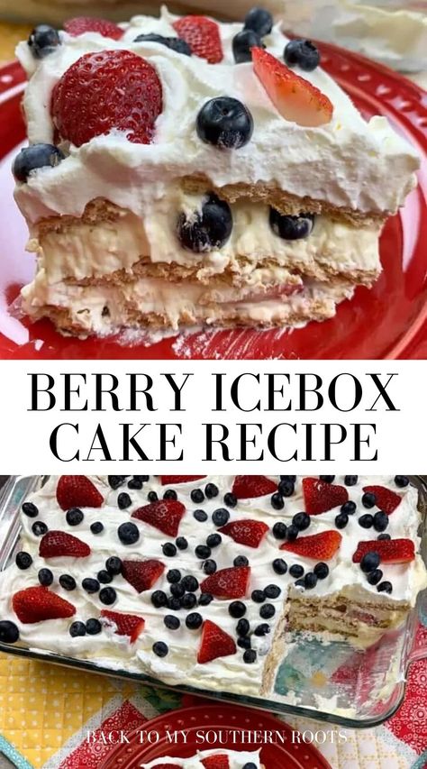 Berry Icebox Cake with Graham crackers, is the perfect summer dessert. The icebox cake is easy to make and is a refreshing recipe any time of year, but especially for summer gatherings, barbecues, and family events. The easy cake recipe features patriotic colors. You can easily make it look like an American Flag for Memorial Day or the 4th of July. Berry Icebox Cake, Flag Desserts, Blueberry And Strawberry, Strawberry Icebox Cake, Icebox Cake Recipes, Patriotic Desserts, Berry Dessert, 4th Of July Desserts, Refreshing Food