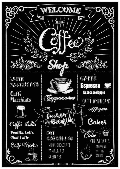 Cafe Menu Boards, Cafe Chalkboard, Chalk Menu, Coffee Chalkboard, Chalkboard Wall Art, Blackboard Art, Coffee Shop Menu, Menue Design, Blackboard Wall