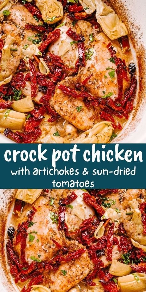 Crock Pot Chicken with Artichokes is a melt-in-your-mouth chicken thighs recipe cooked in the slow cooker with artichoke hearts and sun-dried tomatoes. Chicken And Artichokes, Crock Pot Chicken Thighs, Chicken With Artichokes, Crockpot Chicken Thighs, Slow Cooker Chicken Thighs, Artichoke Chicken, Crock Pot Chicken, Artichoke Recipes, Sun Dried Tomatoes