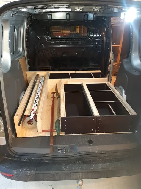 Ford Transit Connect Shelving, Transit Connect Shelving, Van Drawers, Work Truck Organization, Ford Connect, Van Organization, Van Shelving, Truck Organization, Van Racking