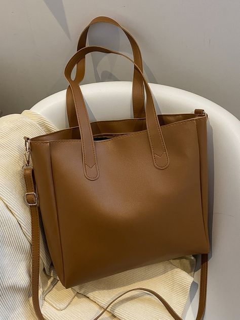 Brown Elegant   PU Leather Plain Shoulder Tote Bag Embellished   Women Bags Minimalist Tote Bag, Minimalist Tote, Soft Leather Tote, Bags Style, Simple Tote, Elegant Color, Top Handle Handbags, Big Bags, Shoulder Messenger Bag