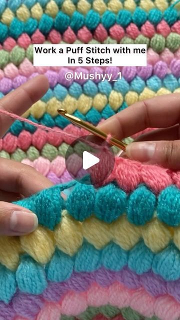 Mushyy on Instagram: "Crochet Puff Stitch in 5 Steps!  Learn how to create beautiful texture with the puff stitch in this easy-to-follow crochet tutorial! Perfect for beginners and seasoned crocheters alike.  You can work a puff stitch with any yarn of ur choice. Repeat Step 1 through Step 3 , four more times if you are using a medium weight yarn. For Bulky weight yarn repeat Step 1 through Step 3, three more times to make a puff stitch.  In this video I am working a Puff Stitch with a light weight Acrylic yarn .I repeated Step 1 through Step 3 , nine more times 😊  Follow me on Youtube for mors such videos. Youtube channel link in bio.  Visit my Etsy Shop (MushyyStore) to get written patterns. Link in bio.  Follow me here on Instagram - @mushyy_1   #CrochetTutorial #CrochetTips #CrochetDI Puff Crochet Quilt, How To Make A Crochet Puff Stitch, How To Do Puff Stitch Crochet, How To Make A Puff Stitch In Crochet, How To Crochet Popcorn Stitch, Crochet Puff Stitch Bag, How To Do A Puff Stitch Crochet, Puffy Stitch Crochet, How To Crochet A Puff Stitch