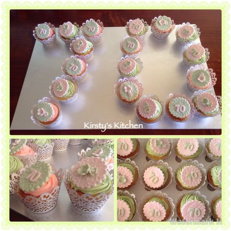 70th birthday vanilla cupcakes with fondant '70' and floral embossed toppers in pretty cupcake wrappers - Kirsty's Kitchen 70 Birthday Cupcakes, 70 Cupcake Cake 70th Birthday, Cupcakes With Fondant, Cupcake Template, Cupcakes For Men, Pretty Cupcakes, Moms Birthday, Fondant Cupcakes, Cupcake Wrappers