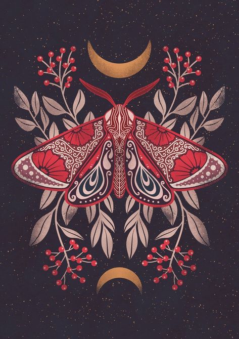 Moth Drawing, Black Background, Moth, Witch, Moon, Tattoos, Flowers, Red, White