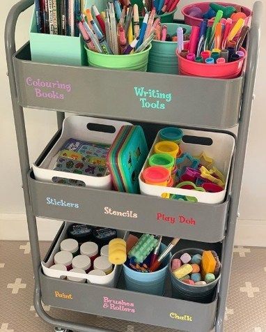 Organizing Aesthetic, Aesthetic Organizer, Kids Craft Storage, Homeschool Room Design, Homeschool Room Organization, Trolley Storage, Toddler Playroom, Kids Playroom Decor, Craft Station