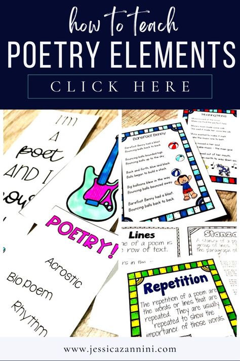 Students will fall in love with reading and writing poetry after learning these key elements of poetry. With student guides, detailed lesson plans, and posters - you will have everything you need to teach a fun and engaging poetry unit. Poetry Activities Elementary, Elements Of Poetry, Poetry Lesson Plans, Poetry Elements, Poetry Templates, Poetry Lesson, Fall In Love With Reading, Found Poetry, Poetry Activities