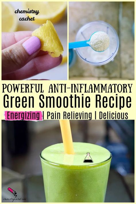 Want a delicious smoothie recipe that helps with inflammation, pain, but also gives you a ton of energy? Try Chemistry Cachet's green smoothie recipe! Great for rheumatoid arthritis pain too Anti Inflamatory Smoothie, Inflammation Smoothie, Natural Smoothies, Green Shakes, Quick Smoothies, Anti Inflammation Recipes, Inflammatory Recipes, Green Smoothie Recipe, Safe House