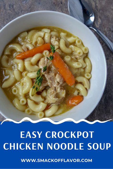 Chicken noodle soup is a comfort meal made easiest in a slow cooker. or crockpot It is a recipe that warms your bones on fall or winter day but also hearty enough to keep you full. Make a big batch to keep warm and keep the rest in the freezer for a quick lunch option. This is a freezer friendly chicken noodle soup. Made with boneless skinless chicken thighs. Easy Crockpot Chicken Noodle Soup, Recipes With Elbow Noodles, Crock Pot Chicken Noodle, Crock Pot Chicken Noodle Soup, Healing Soups, Slow Cooker Chicken Noodle, Crockpot Chicken Noodle Soup, Thanksgiving Menu Recipes, Crockpot Recipes For Two