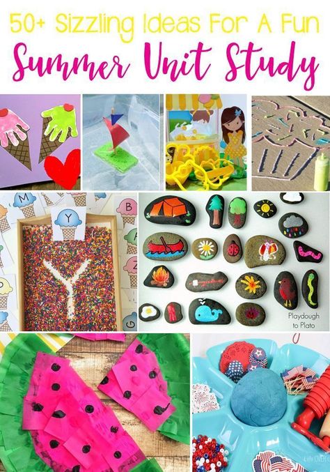 These 50+ Sizzling Ideas For A Fun Summer Unit Study are a great way to learn with preschoolers and kindergarteners. This unit study includes Math, Literature, Art & Crafts, Sensory, and STEM. #homeschool #homeschoolcurriculum #study #summer #summeractivity #kindergarten #preschool #lifeovercs Summer School Themes, Summer Preschool Themes, Summer Lesson Plans, Study Math, Math Literature, Summer School Activities, Summer Lesson, Summer Preschool Activities, Summer Kindergarten