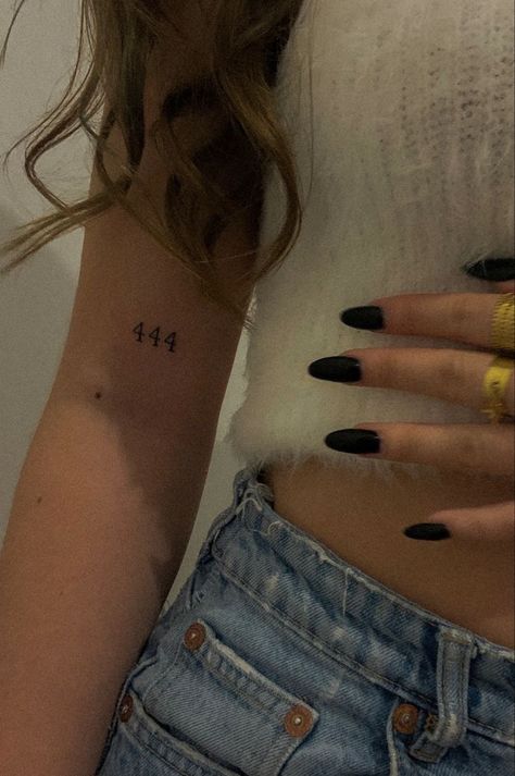 444 On Back Of Arm, Small Cute Arm Tattoos For Women, Simple Tattoos Arms, Simple 444 Tattoo, Simple Tattoos Arm Women, Tatted Arm Woman, Women Small Arm Tattoo Ideas, Small 444 Tattoo Ideas, Small Tattoos Arm Placement