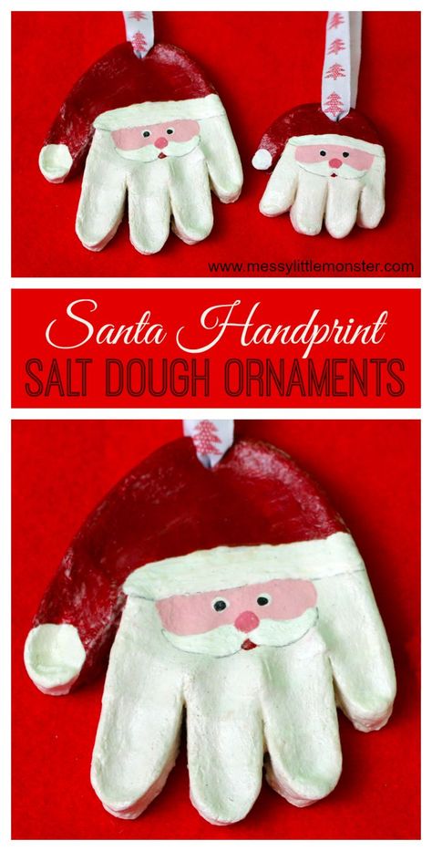 Handprint Christmas Ornaments, Salt Dough Handprint Ornaments, Salt Dough Handprint, Ornaments Recipe, Santa Handprint, Baby Christmas Crafts, Juleverksted For Barn, Salt Dough Recipe, Handprint Ornaments