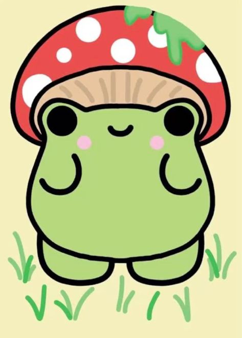 Frogies Drawings, Froggy With Mushroom Hat, Cute Ideas For Painting Easy, Kawaii Cute Mini Drawings, Cute Frog Drawing Aesthetic, Drawing Inspo Simple Easy, Cute Froggy Drawing, Painting Animals Easy, Cartoon Art Simple