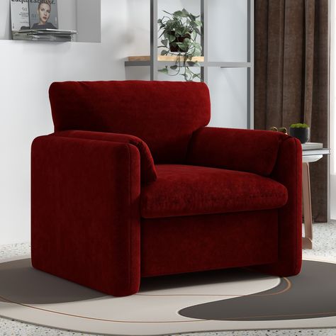 This armchair features a contemporary and stylish design, perfect for adding a touch of elegance to any room. The sleek lines and modern silhouette make it a standout piece for living rooms, bedrooms, or offices. Red Living Room Chairs, Red Accent Chairs For Living Room, Single Chairs Living Room, Red Accent Chairs, Red Velvet Chair, Red Accent Chair, Accent Chairs & Armchairs, Living Room Red, Nail Room