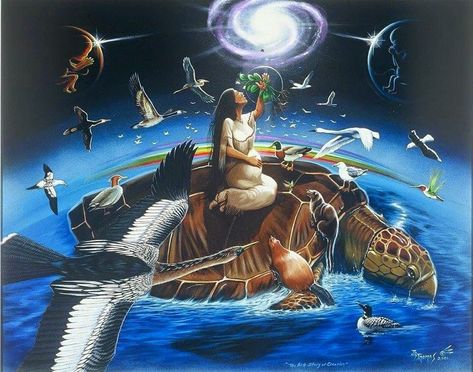 Such reverance is reflected in many Native American origin stories, such as the tale of the Sky Woman. After falling from the sky, she is saved by animals (nature) and her children go on to create the rest of the world. Sky Woman, Creation Myth, Sky Dweller, Creation Story, A Turtle, Above The Clouds, Indigenous Art, Native Art, Spiritual Art