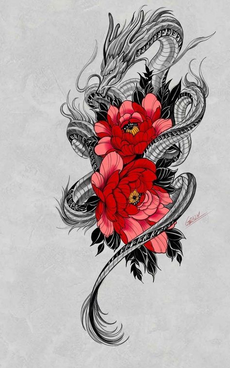 Dragon Tattoo With Flowers, Traditional Tattoo Dragon, Henne Tattoo, Dragon Tattoo Sketch, Dragon Tattoo Art, Chinese Dragon Tattoos, Rose Tattoos For Women, Dragon Tattoo For Women, Flower Tattoo Arm