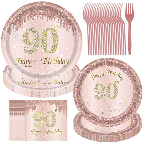 PRICES MAY VARY. 【90th Birthday Decorations Set Includes】You will receive 24 pieces of rose gold pink glitter party paper dinner plates of 9'', 24 pieces Rose Gold paper plates of 7'', 24 pieces of Rose Gold Sequin napkins of 6.5'' and 24 plastic forks for each set that can serve 24 guests. 【Unique Design for 90th Birthday Decoration】The rose gold birthday decorations party supplies use elegant rose gold as the background, and add eye-catching "Happy 90th Birthday" print and sparkling diamond el Pink Paper Plates, 90th Birthday Decorations, Birthday Decorations For Women, Birthday Plates, 90th Birthday Party, 60th Birthday Party Decorations, 80th Birthday Decorations, Gold Birthday Decorations, 70th Birthday Decorations