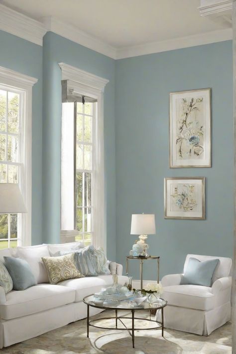 "living room paint" "Drizzle SW 6479" "interior design" "home decor" Interior Paint Living Room Wall Colors, Statement Wall Paint Ideas, Paint Colour Ideas For Living Room, 2024 House Paint Colors, Pretty Wall Colors, Light Blue Accent Wall Living Room, Living Room Paint Ideas Color Schemes, Periwinkle Bedroom Ideas, Paint For Living Room Walls