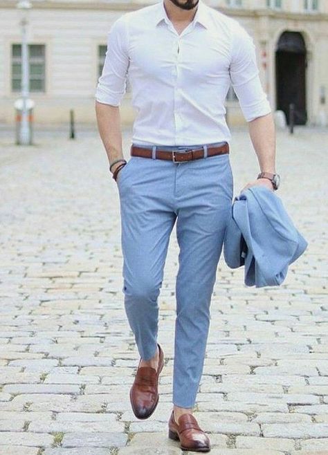 Light Blue Khaki Pants Outfit Men, Men’s Light Blue Pants Outfit, White And Blue Mens Outfit, Light Blue Pants Men Outfits, White Shirt Blue Pants Men Formal, Men Light Blue Pants Outfit, Light Blue Pants Outfit, Blue Outfit Men, Blue Pants Outfit