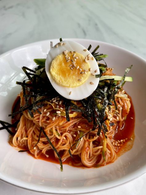 Angel Hair Gochujang Bibim Guksu | Guksu Recipe, Bibim Guksu, Angel Hair Pasta Recipes, Gochujang Sauce, Cold Noodles, Angel Hair Pasta, Pasta Dinner Recipes, Angel Hair, Pasta Noodles