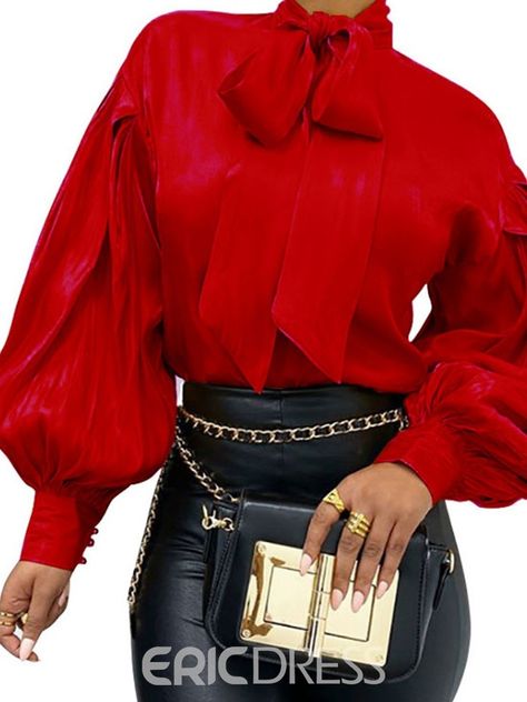 Ericdress Plain Lantern Sleeve Bowknot Standard Long Sleeve Blouse 19169789 - Ericdress.com Satin Blouse Shirts, Blouses Vintage, Red Blouse, Spring Outfits Women, Solid Color Shirt, Puff Sleeve Blouse, Womens Long Sleeve Shirts, Spring Tops, Retro Shirts