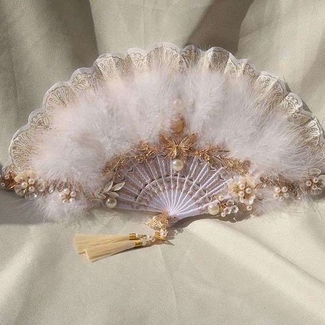 Gold Butterfly Accessories, Princesscore Accessories, Pastel Blue Accessories, Sailor Moon Quinceanera Theme, Hand Fan Aesthetic, Royalcore Outfit, Feathered Headpiece, Fantasy Royalty, Fans Aesthetic