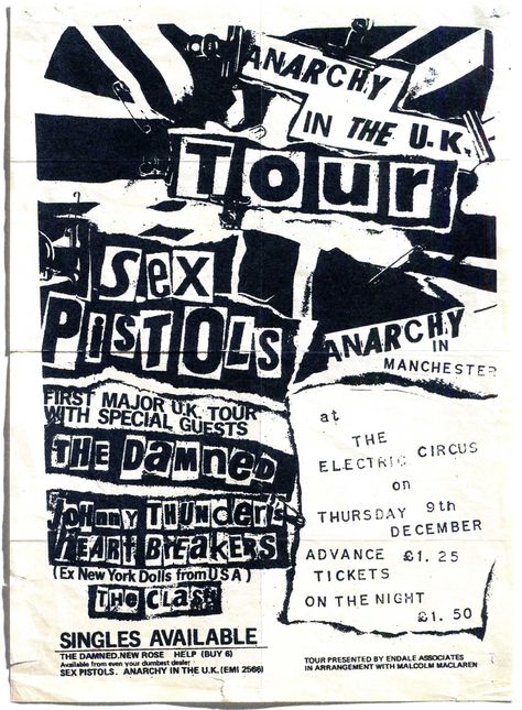 Jamie-Reid – Anarchy in the UK flyer Live Concert Poster, Punk Typography, Punk Rock Posters, Anarchy In The Uk, Poster Punk, Punk Poster, Arte Punk, 타이포그래피 포스터 디자인, Punk Design