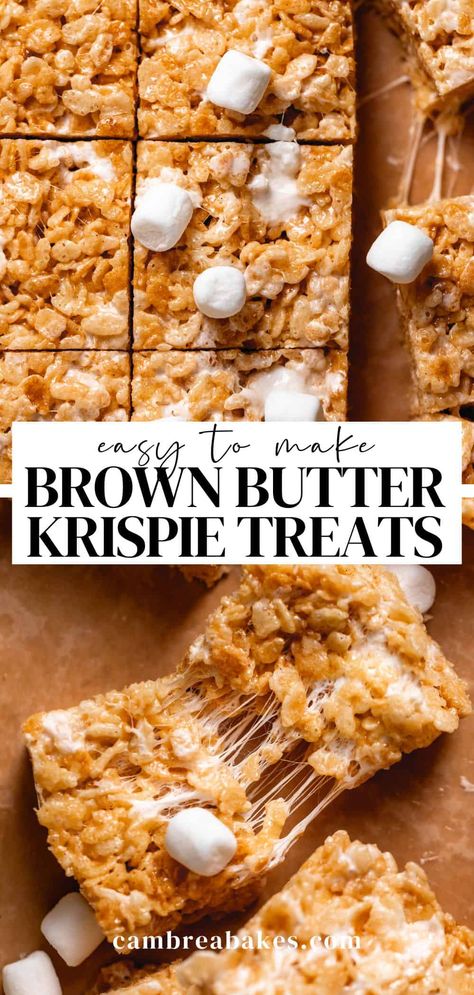 These easy-to-make brown butter rice krispie treats are sweet, gooey, buttery, and packed with nutty brown butter flavor. The addition of a little extra butter and marshmallows, and toasting the crispy rice cereal packs tons of extra flavor! Brown Butter Rice Krispie Treats, Brown Butter Rice, Homemade Rice Krispies Treats, Gluten Free Marshmallows, European Butter, Krispy Treats, Butter Rice, Oreo Dessert, Rice Crispy Treats