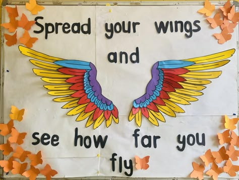 Kindergarten Notice Board Ideas, Corridor Decorations For School, Notice Board Ideas For School, Border For Board Decoration, School Orientation Ideas, Bulliten Boards Ideas Preschool, Orientation Board Ideas, Spread Your Wings Quote, School Display Board Ideas