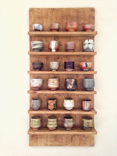 Our guinomi collection Kitchen Pottery Display, Ceramic Collection Display, Pottery Display Ideas, Pottery Display, Pottery Store, Mug Display, Craft Fair Displays, Pottery Glazes, Pottery Shop