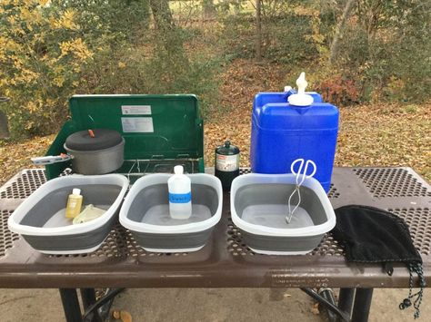 How To Wash Dishes On A Campout Washing Dishes Camping, Camping Dish Washing, Camping Kitchen Set Up, Tiny Sink, Camp Kitchen Organization, Camping Inspo, Coleman Stove, Camping Sink, Traveling Style