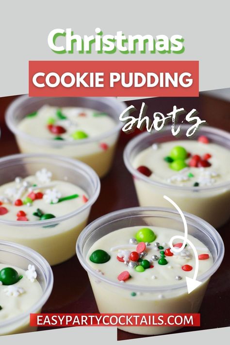 These Christmas Cookie Pudding Shots are made with vanilla pudding, sugar cookie cream, and vodka for rich, creamy, and sweet sugar cookie pudding shots. Made with just 5 ingredients and ready to enjoy in an hour! Peanut Butter Pudding Shots, Sugar Cookie Pudding Shots, Vanilla Pudding Shots, Holiday Pudding, Chocolate Pudding Shots, Cookie Pudding, Pudding Shot Recipes, Peanut Butter Pudding, Christmas Jello Shots