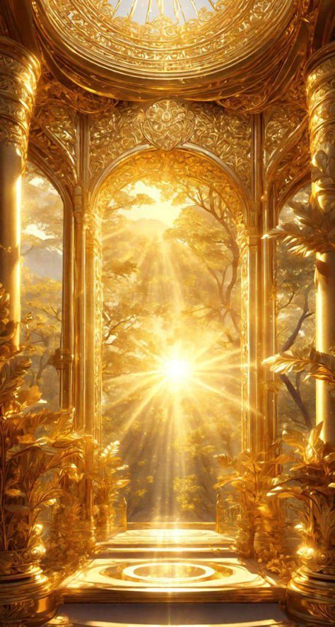 Gold Light Aesthetic, Godess Astethic, Sun Kingdom Aesthetic, Gold Sun Aesthetic, Gold Background Aesthetic, Goddess Aesthetic, Video Nature, Heaven Art, Golden City