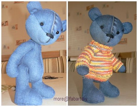 DIY Cute Jean Teddy Bear Free Sew Pattern & Template Sewing Pattern Stuffed Animal Free, Denim Bear Pattern Old Jeans, Denim Teddy Bear Pattern, Teddy Bear Patterns Free Sewing, Teddy Bear Pattern Free Printable, Denim Teddy Bear, Memory Bears Pattern Free, Bear Patterns Sewing, Thirteenth Doctor