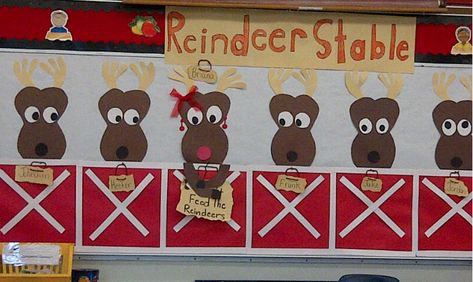 reindeer-stable-christmas Reindeer Bulletin Boards, Christmas Hallway, Christmas Bulletin Boards, Christmas Bulletin Board, Preschool Bulletin, Holiday Classroom, Christmas Bulletin, Preschool Bulletin Boards, Christmas Kindergarten